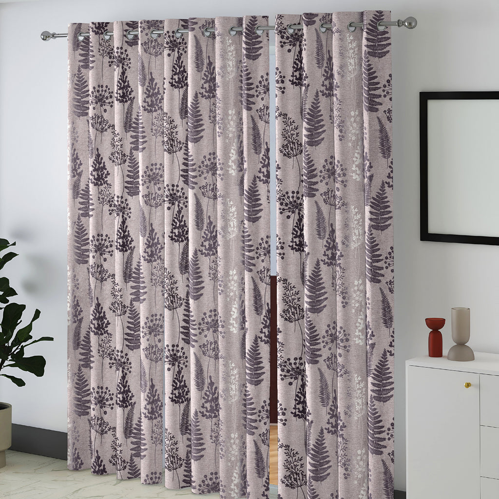 Lavender Grey Woodland Ferns 240 GSM Polyester 80% Blackout Eyelet Curtain