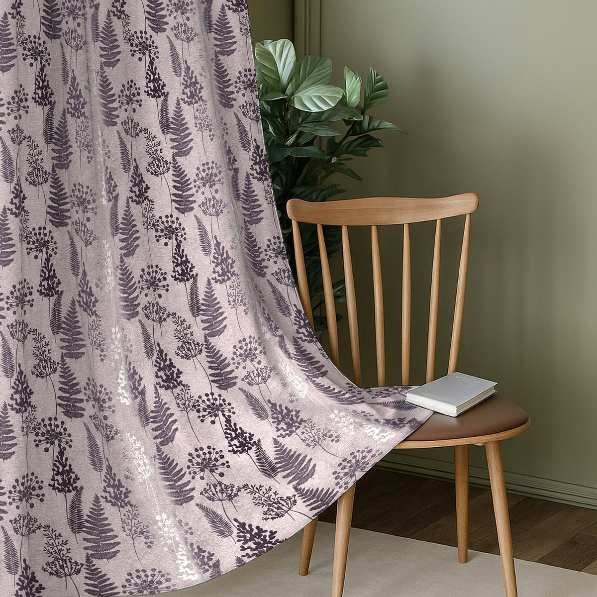 Lavender Grey Woodland Ferns 240 GSM Polyester 80% Blackout Eyelet Curtain