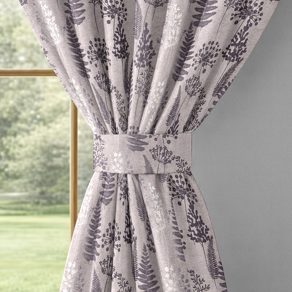 Lavender Grey Woodland Ferns 240 GSM Polyester 80% Blackout Eyelet Curtain
