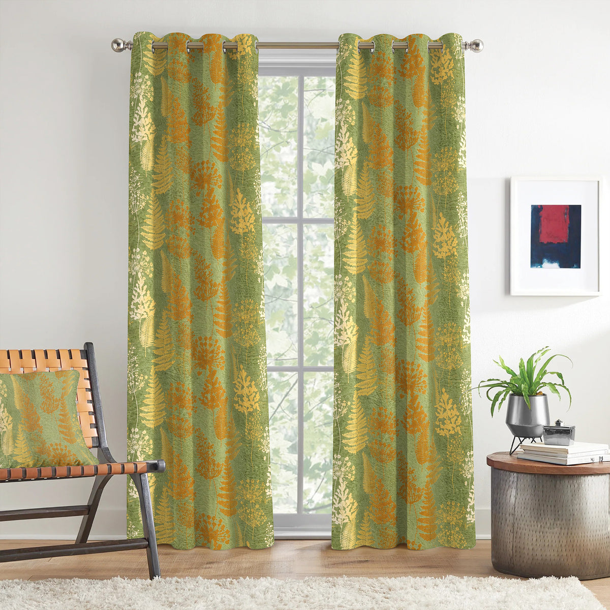 Olive Autumn Ferns 240 GSM Polyester 80% Blackout Eyelet Curtain