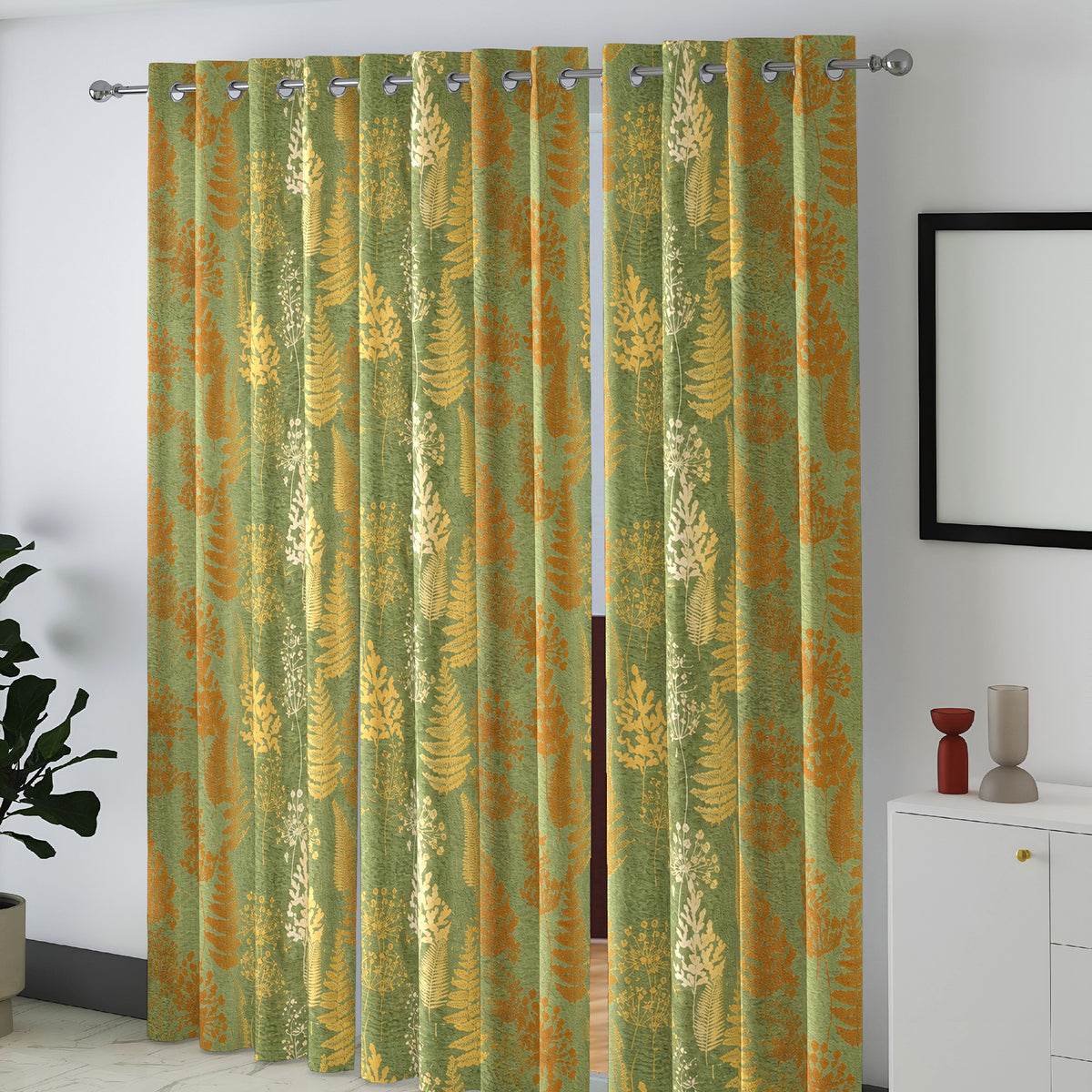 Olive Autumn Ferns 240 GSM Polyester 80% Blackout Eyelet Curtain