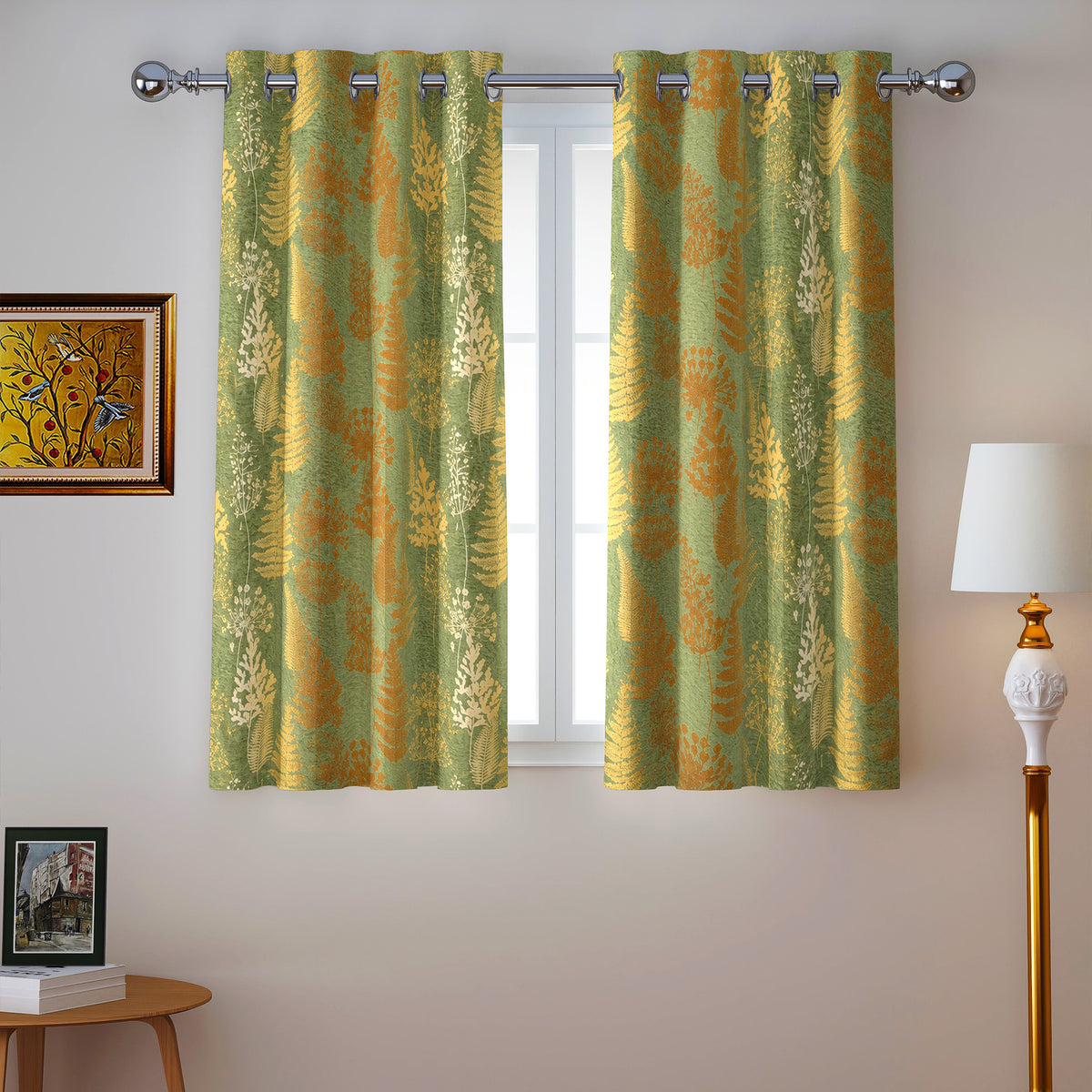 Olive Autumn Ferns 240 GSM Polyester 80% Blackout Eyelet Curtain