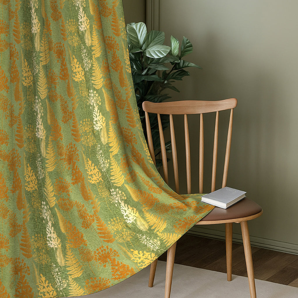 Olive Autumn Ferns 240 GSM Polyester 80% Blackout Eyelet Curtain