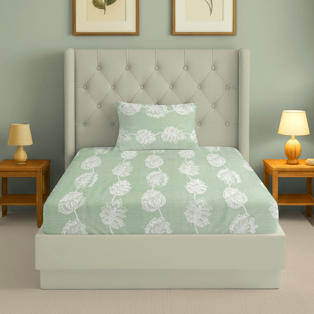 Pastel Green Botanical Print Single Bedsheet with 1 Pillow Cover 200TC - Soft & Serene Look (60x90 inches)
