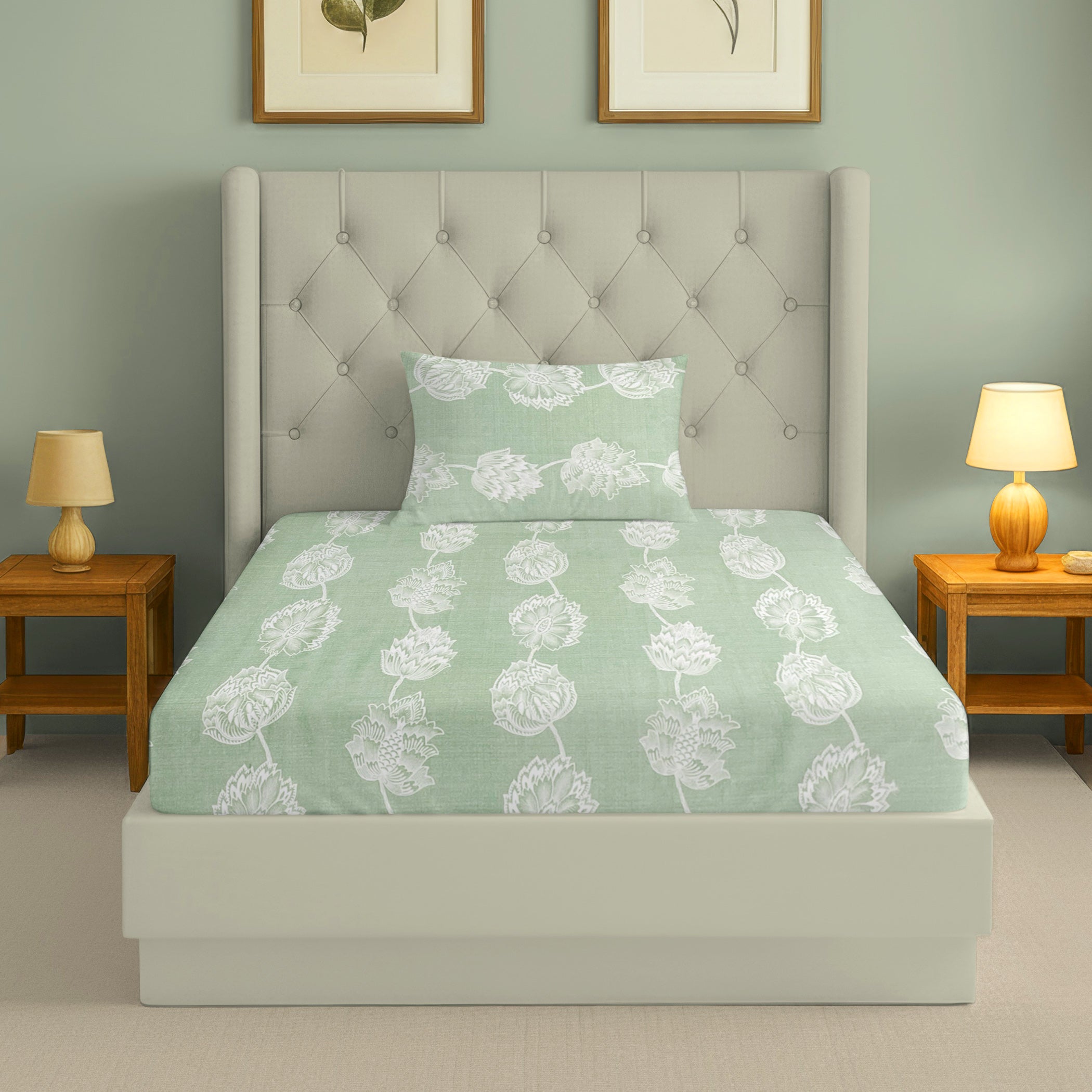 Pastel Green Botanical Print Single Bedsheet with 1 Pillow Cover 200TC - Soft & Serene Look (60x90 inches)