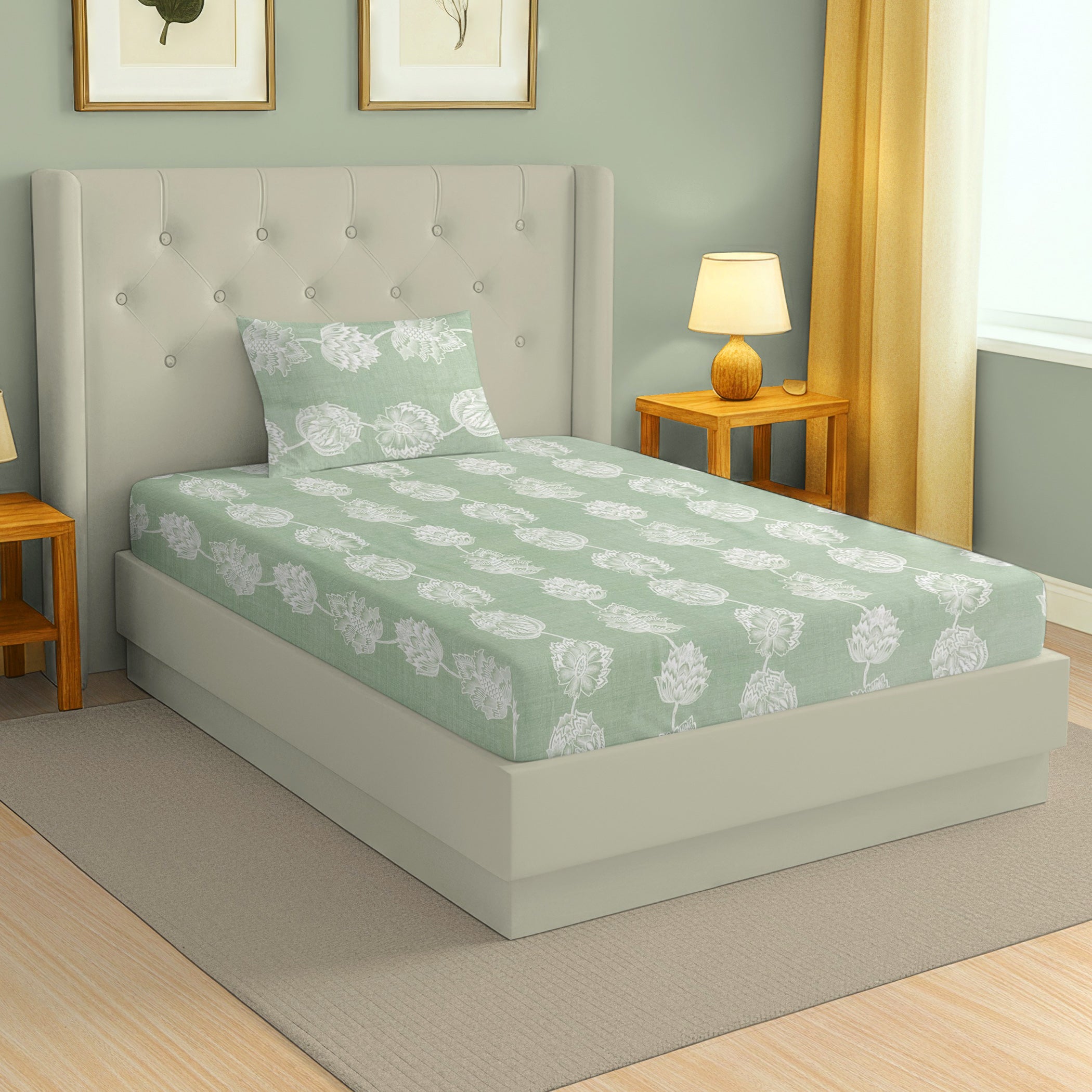 Pastel Green Botanical Print Single Bedsheet with 1 Pillow Cover 200TC - Soft & Serene Look (60x90 inches)