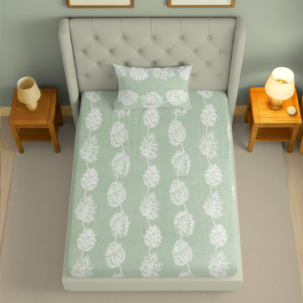 Pastel Green Botanical Print Single Bedsheet with 1 Pillow Cover 200TC - Soft & Serene Look (60x90 inches)