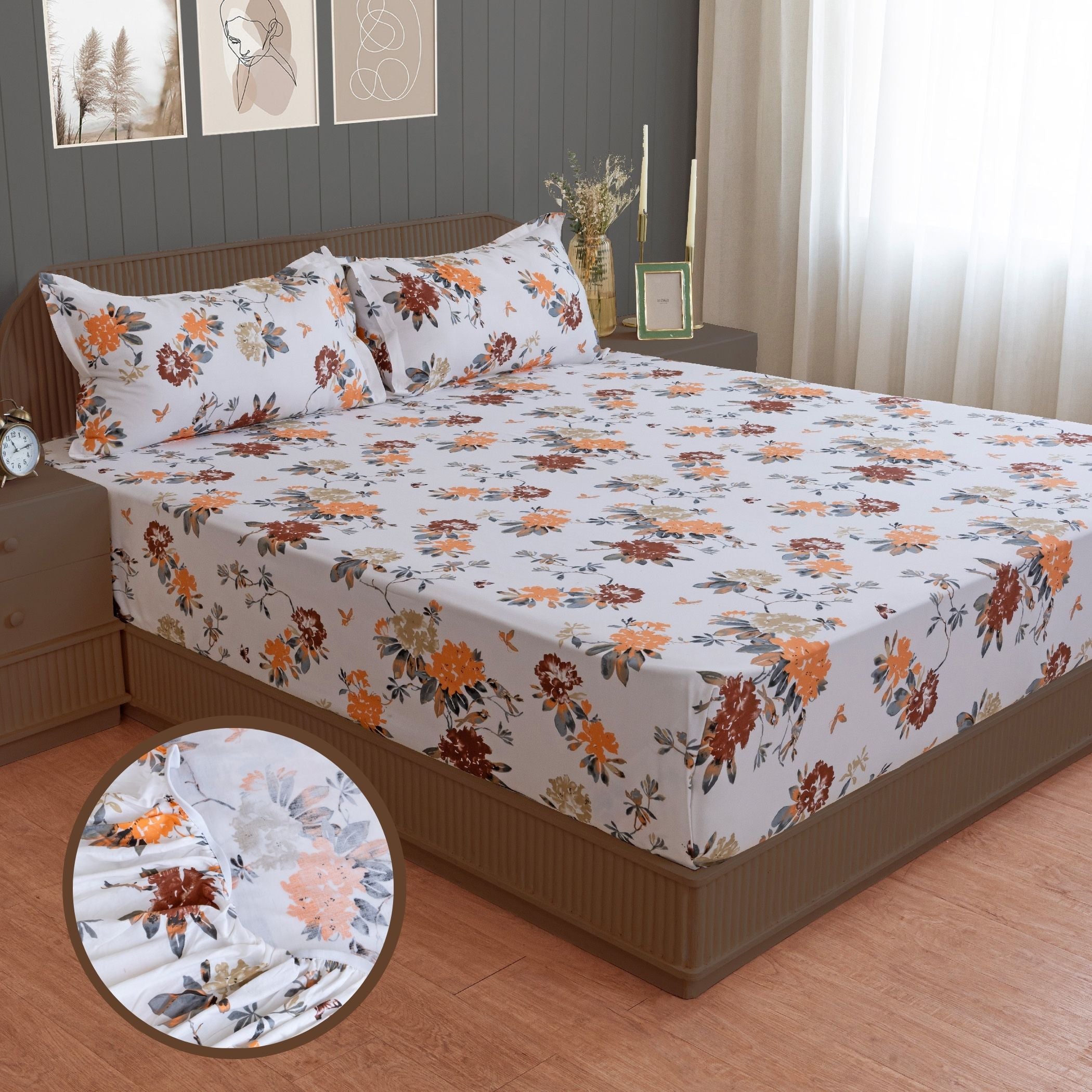 Grey Floral Vine Pure Cotton 210 TC King Fitted Bedsheet with 2 Pillow Covers (72x78x10 Inches)