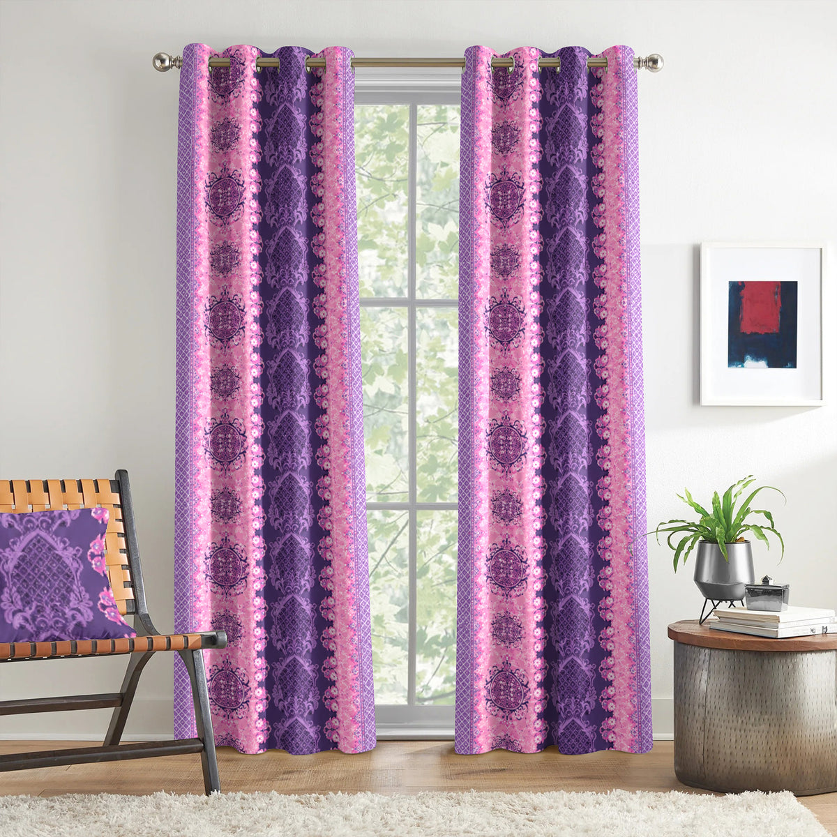 Purple Lavender Ornamental Stripes 240 GSM Polyester 80% Blackout Eyelet Curtain