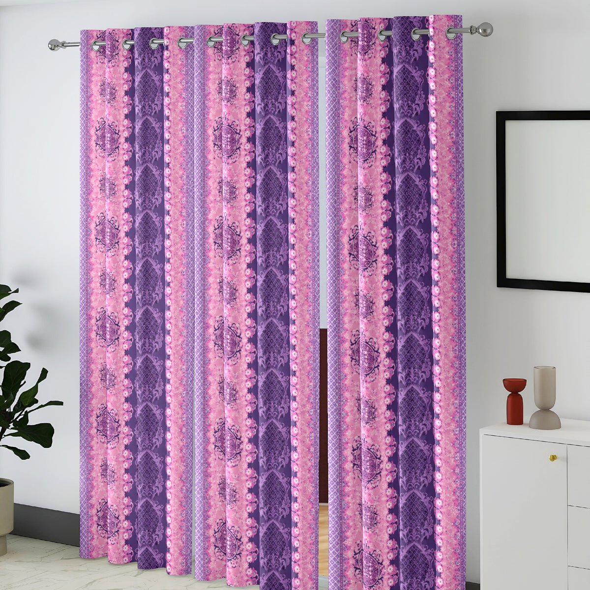 Purple Lavender Ornamental Stripes 240 GSM Polyester 80% Blackout Eyelet Curtain