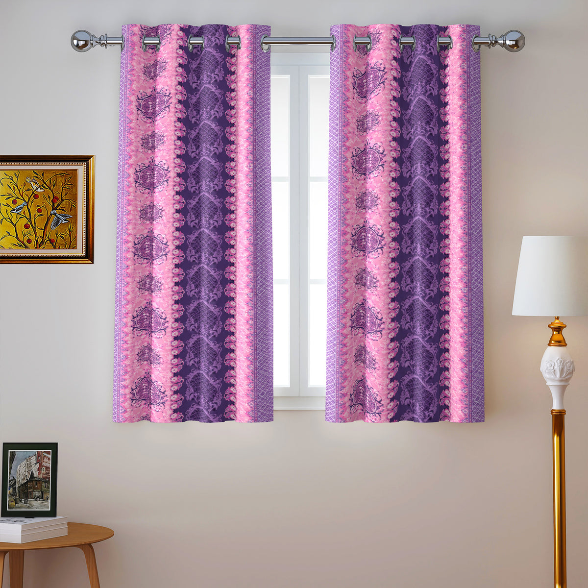 Purple Lavender Ornamental Stripes 240 GSM Polyester 80% Blackout Eyelet Curtain