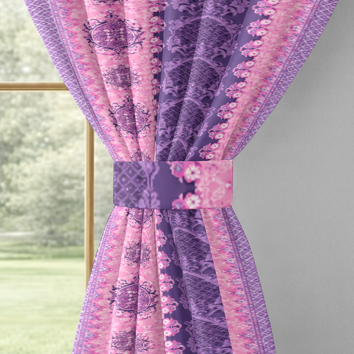 Purple Lavender Ornamental Stripes 240 GSM Polyester 80% Blackout Eyelet Curtain