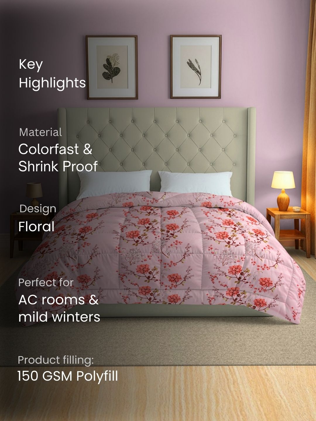 Soft Pure cotton Floral Pink Double AC Quilt