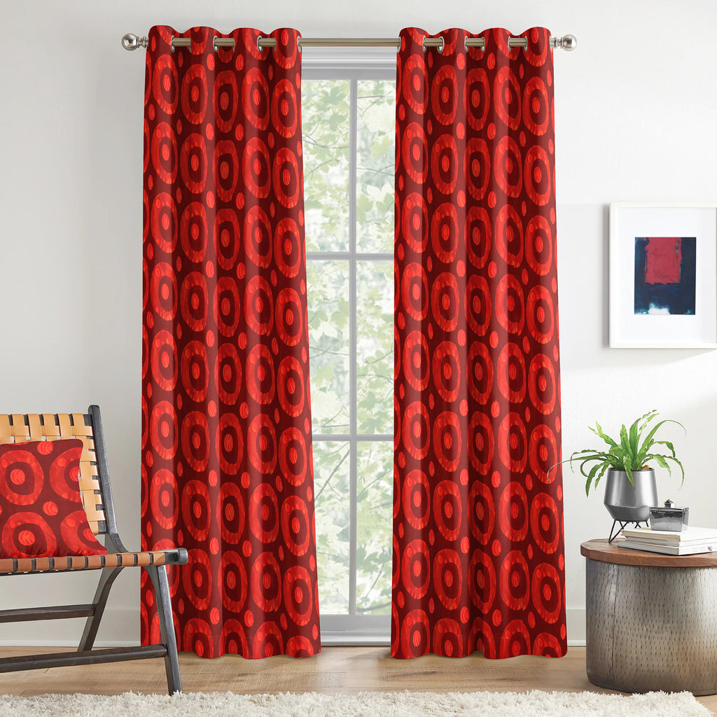 Maroon Coral Retro Circles 240 GSM Polyester 80% Blackout Eyelet Curtain