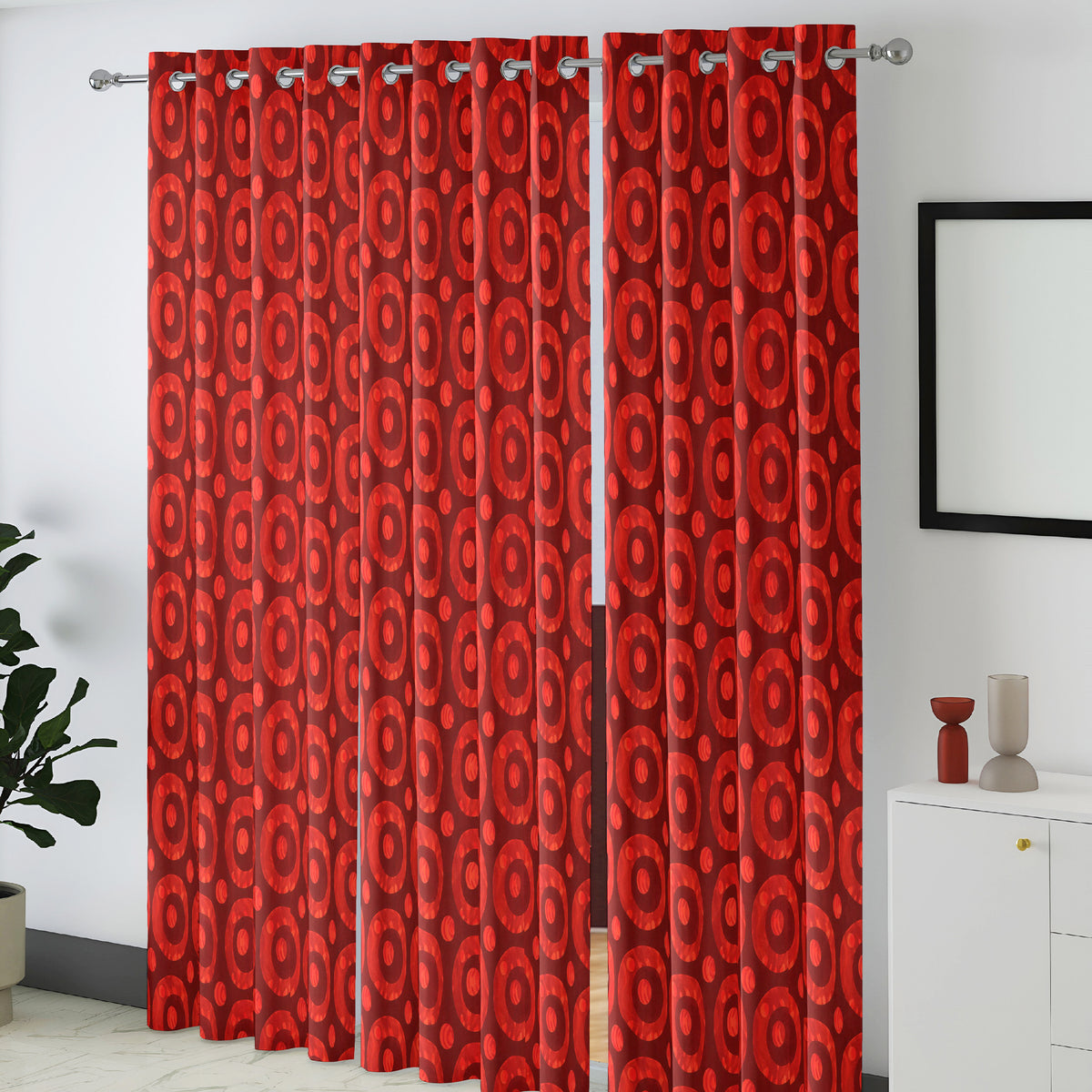 Maroon Coral Retro Circles 240 GSM Polyester 80% Blackout Eyelet Curtain
