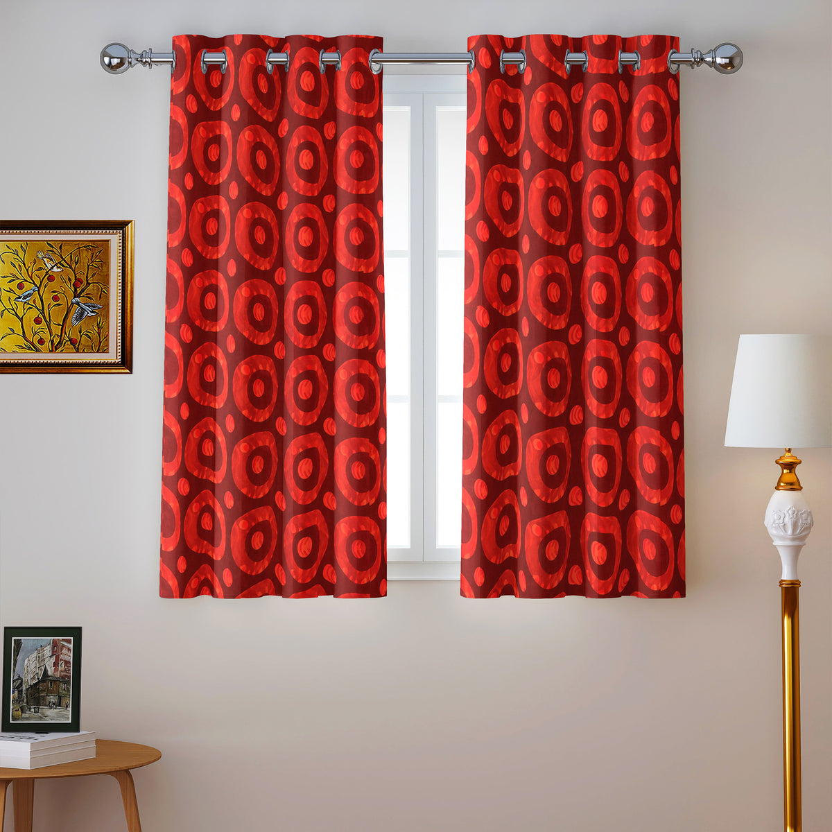 Maroon Coral Retro Circles 240 GSM Polyester 80% Blackout Eyelet Curtain