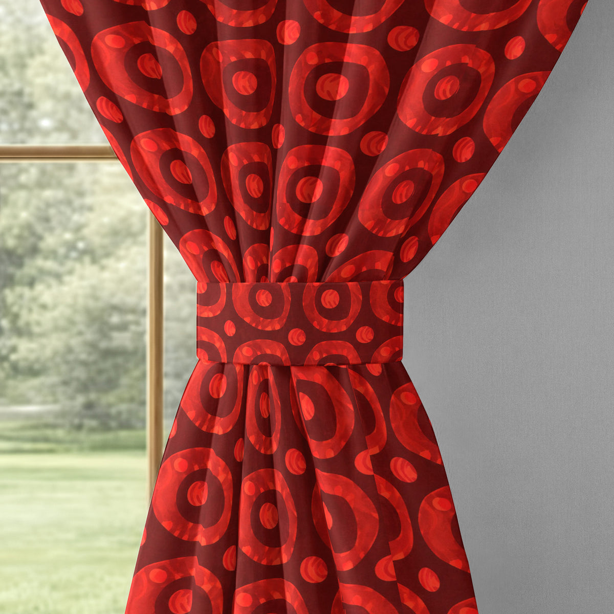 Maroon Coral Retro Circles 240 GSM Polyester 80% Blackout Eyelet Curtain