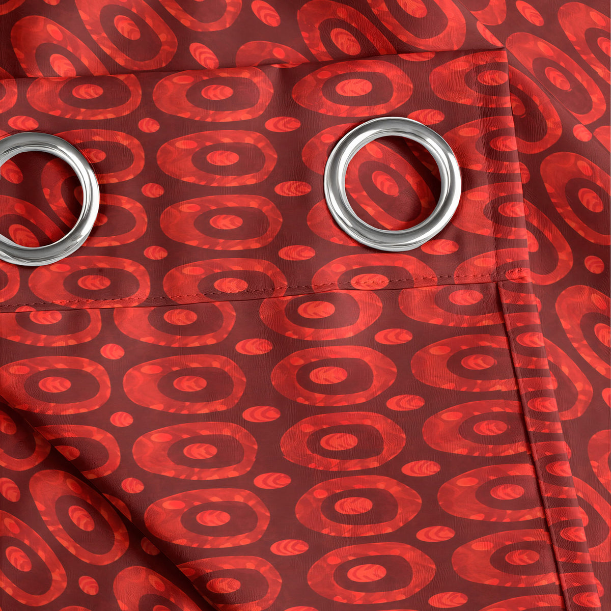 Maroon Coral Retro Circles 240 GSM Polyester 80% Blackout Eyelet Curtain