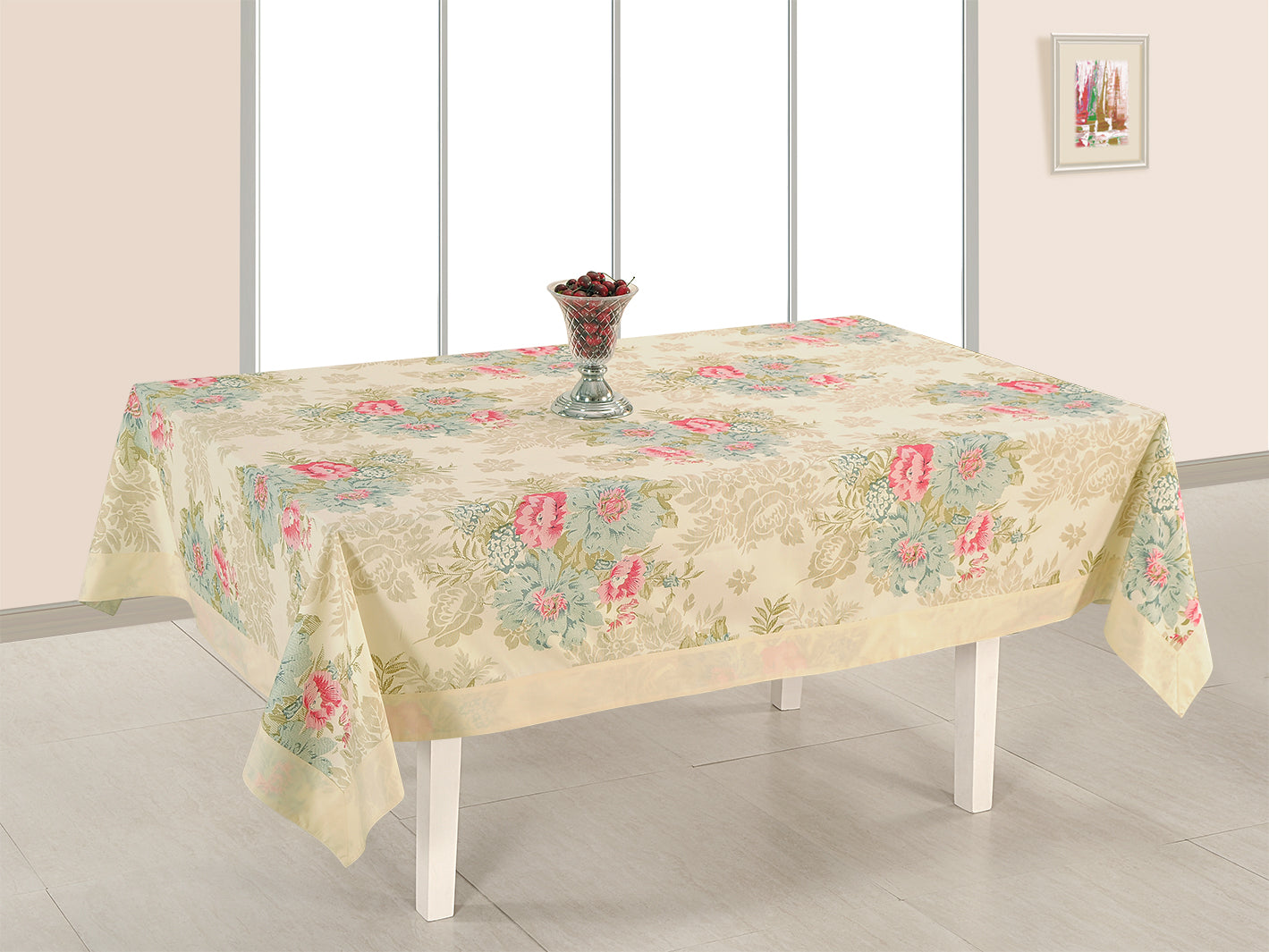 Premium Cotton Printed Cream & Pink Square 4 Seater Table Cover