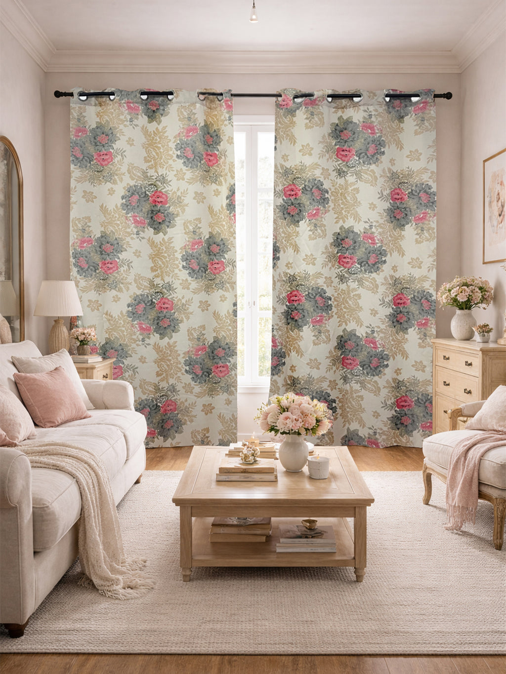 Premium Floral Beige Jacquard Door Curtains – Set of 2
