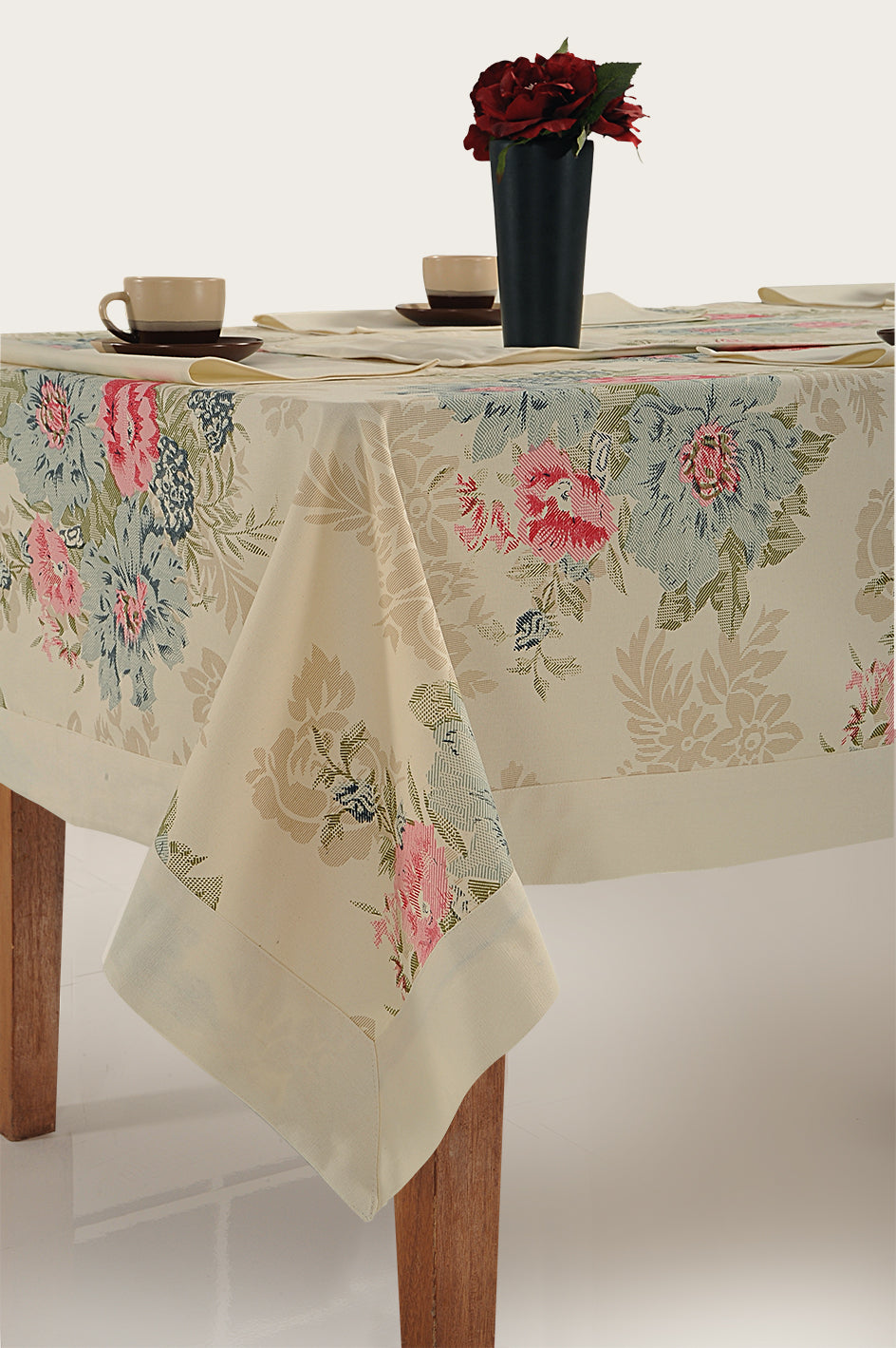 Premium Cotton Printed Cream & Pink Square 4 Seater Table Cover