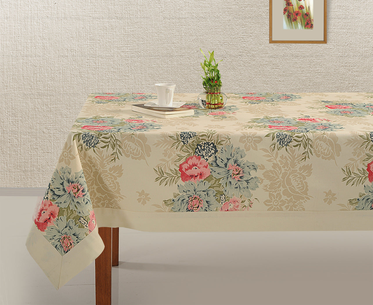 Premium Cotton Printed Cream & Pink Square 4 Seater Table Cover