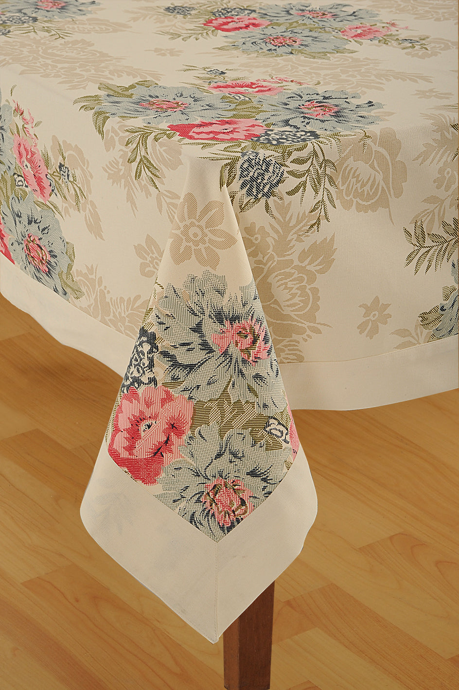 Premium Cotton Printed Cream & Pink Square 4 Seater Table Cover