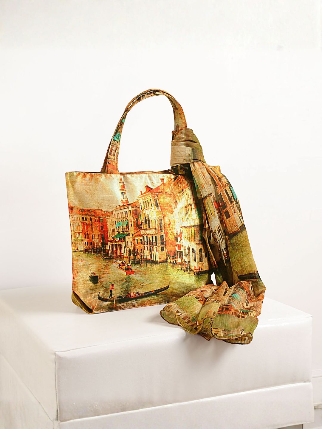 Golden Hour Venice - Premium Art Print Shoulder Bag with Matching Scarf