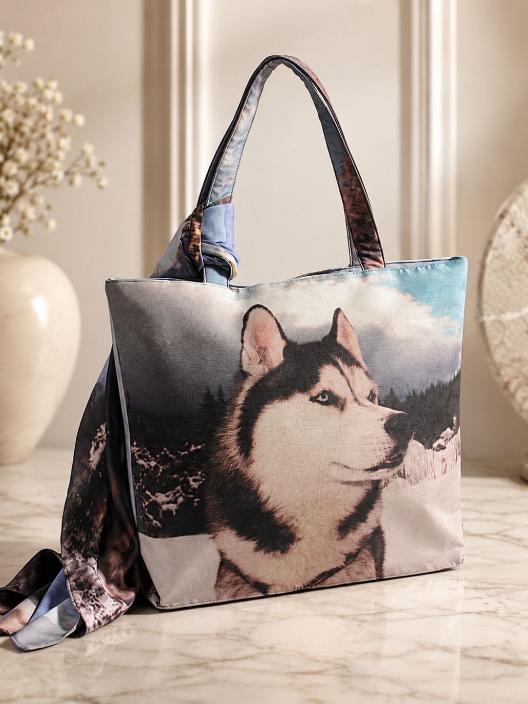 Northern Gaze - Husky Portrait Tote with Mountain Sky Scarf