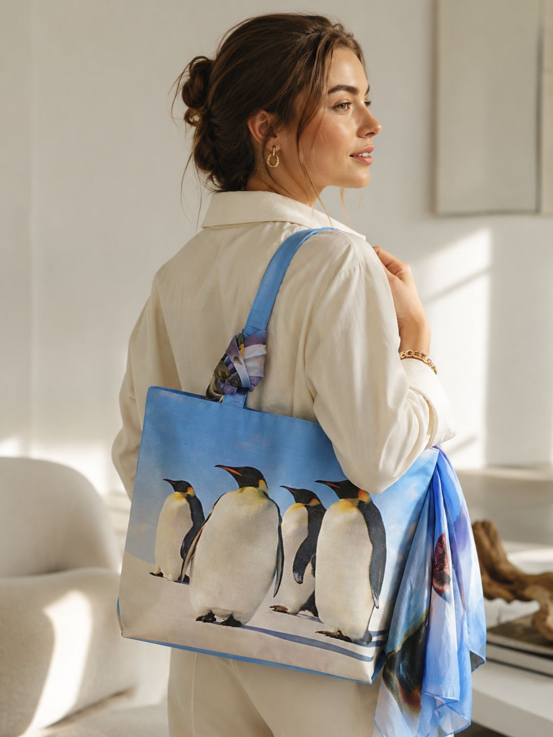 Arctic Companions - Penguin Family Tote with Blue Ombre Wrap