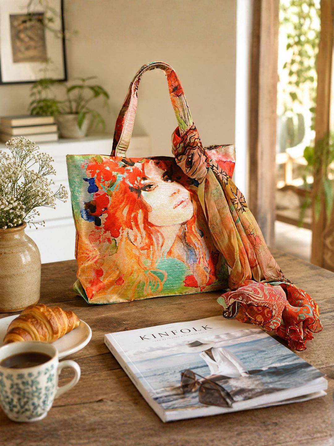 Muse in Bloom - Artistic Faces Tote with Paisley Wrap