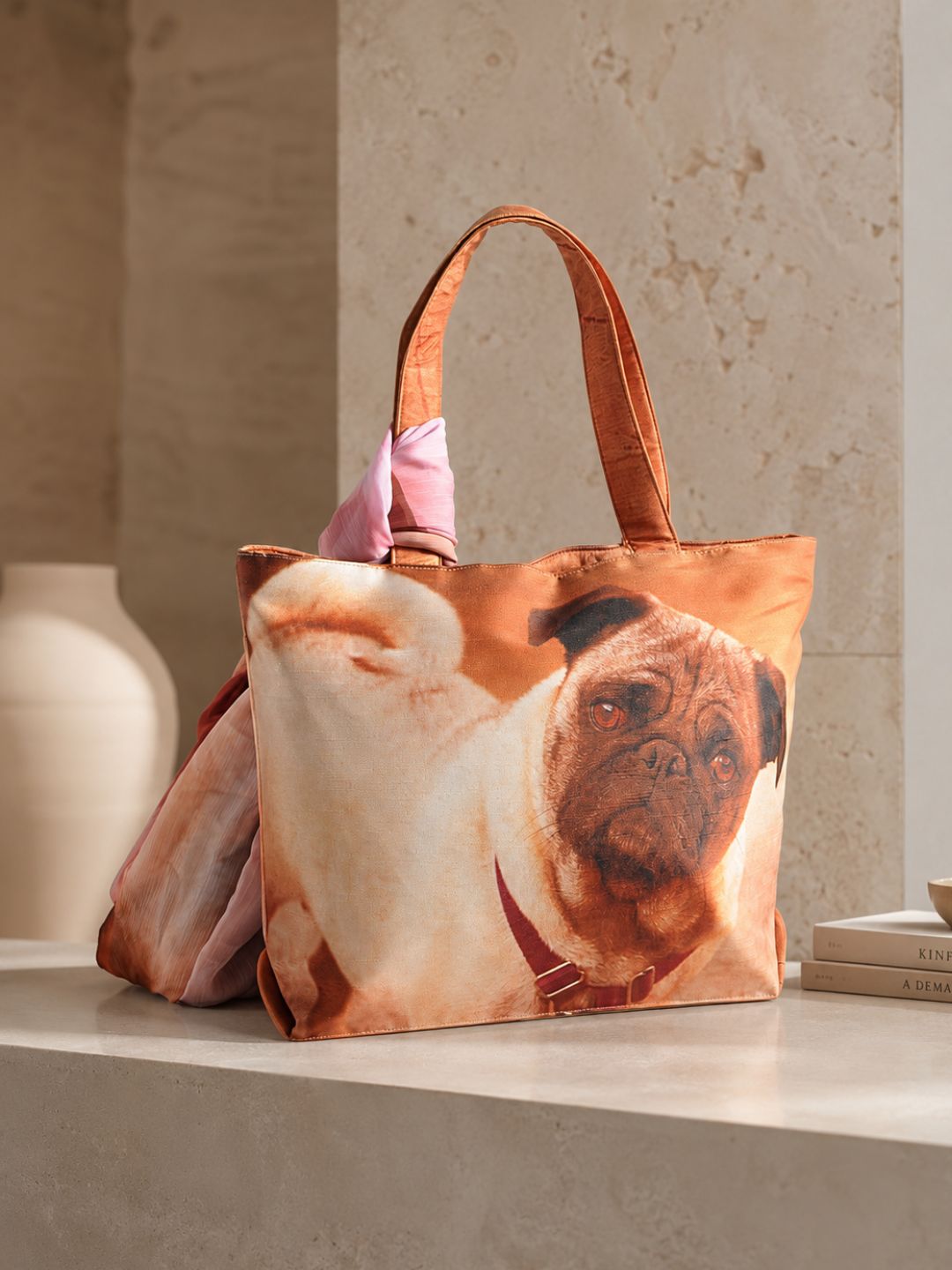 Paw-sitive Mood - Pug Portrait Tote with Blush Pink Wrap
