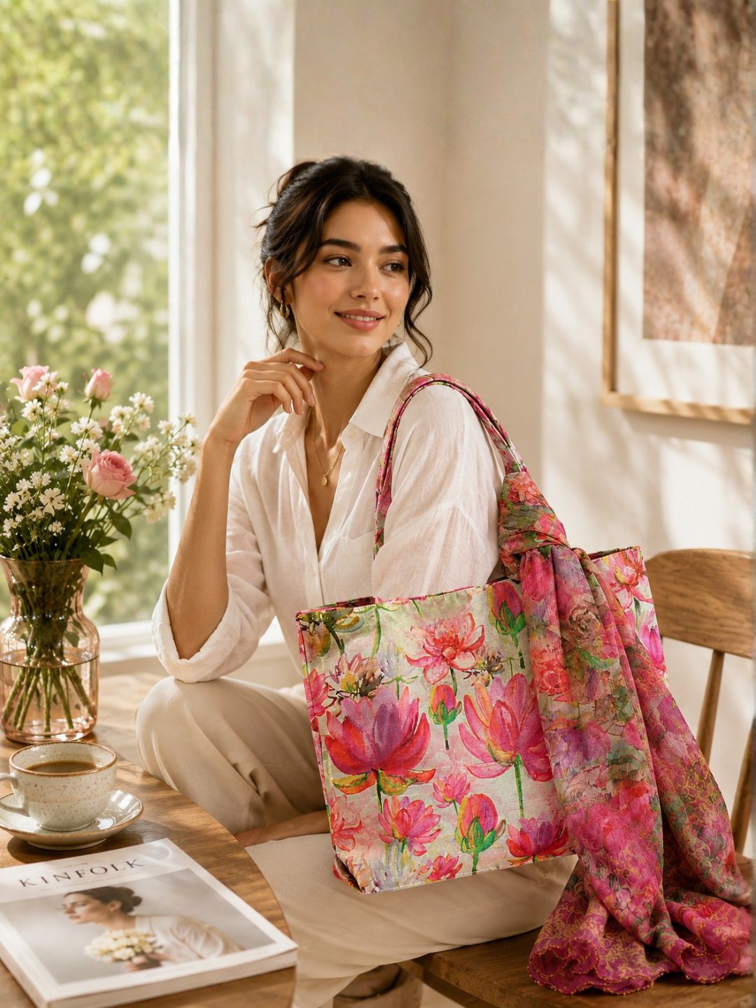 Bloom Whimsy - Pink Lotus & Rose Tote with Floral Wrap