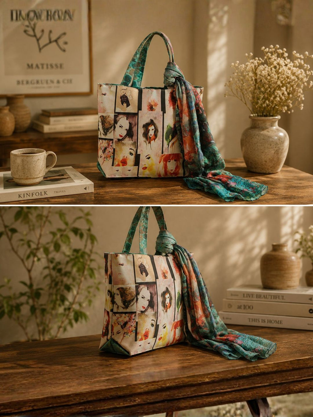 Night Watcher - Owl Portrait Tote with Forest-Hued Wrap