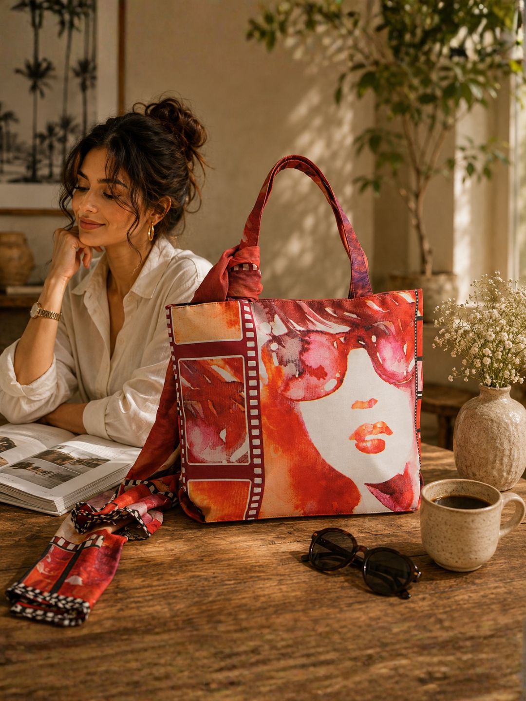 Retro Muse - Pop Art Tote with Scarf Accent