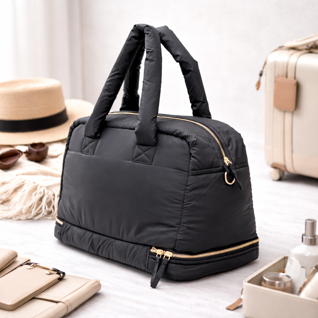 Puffer Overnighter Unisex Black Duffel Bag