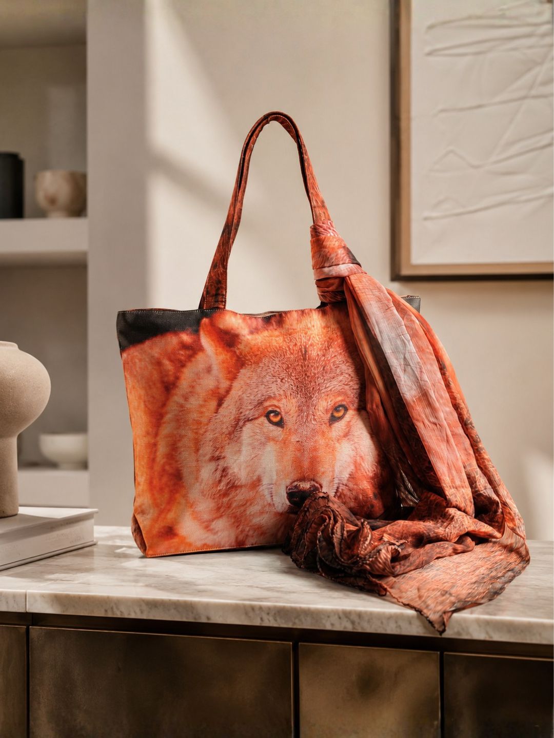 Wildfire Spirit - Wolf Portrait Tote with Earthy Flame Wrap