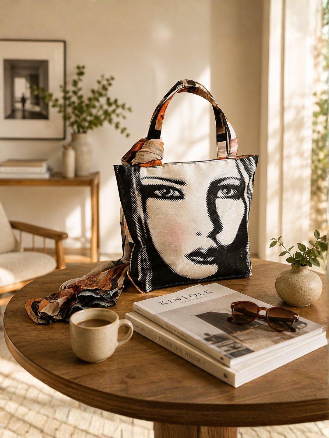 "Retro Glance" Artistic Square-Print Tote Bag with Matching Scarf
