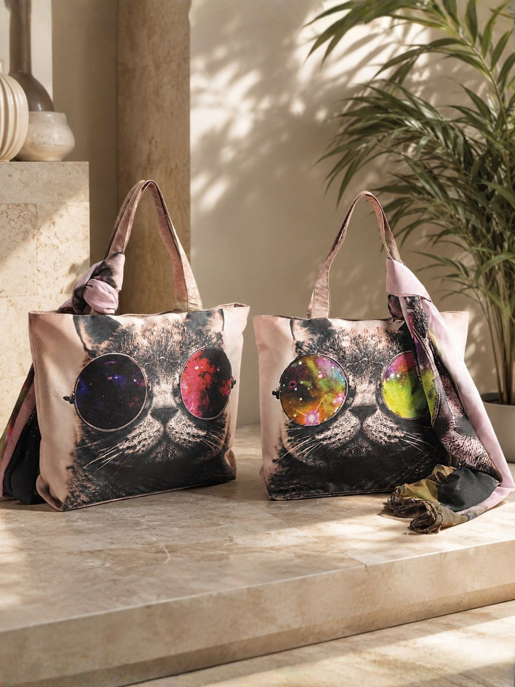 Galactic Whiskers - Digitally Printed Cat-Themed Tote Bag with Abstract Cosmic Design