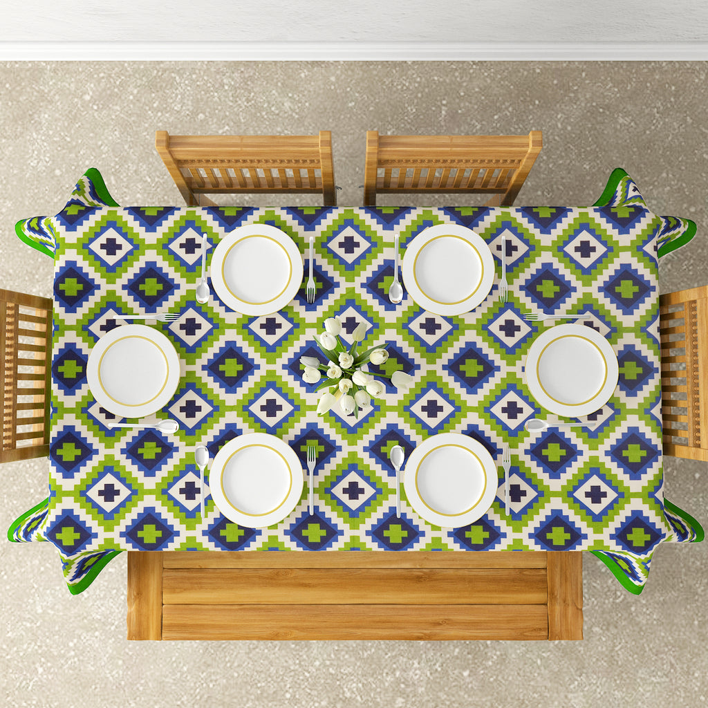 Premium Cotton Geometric Green & Blue Rectangular 8 Seater Table Cover