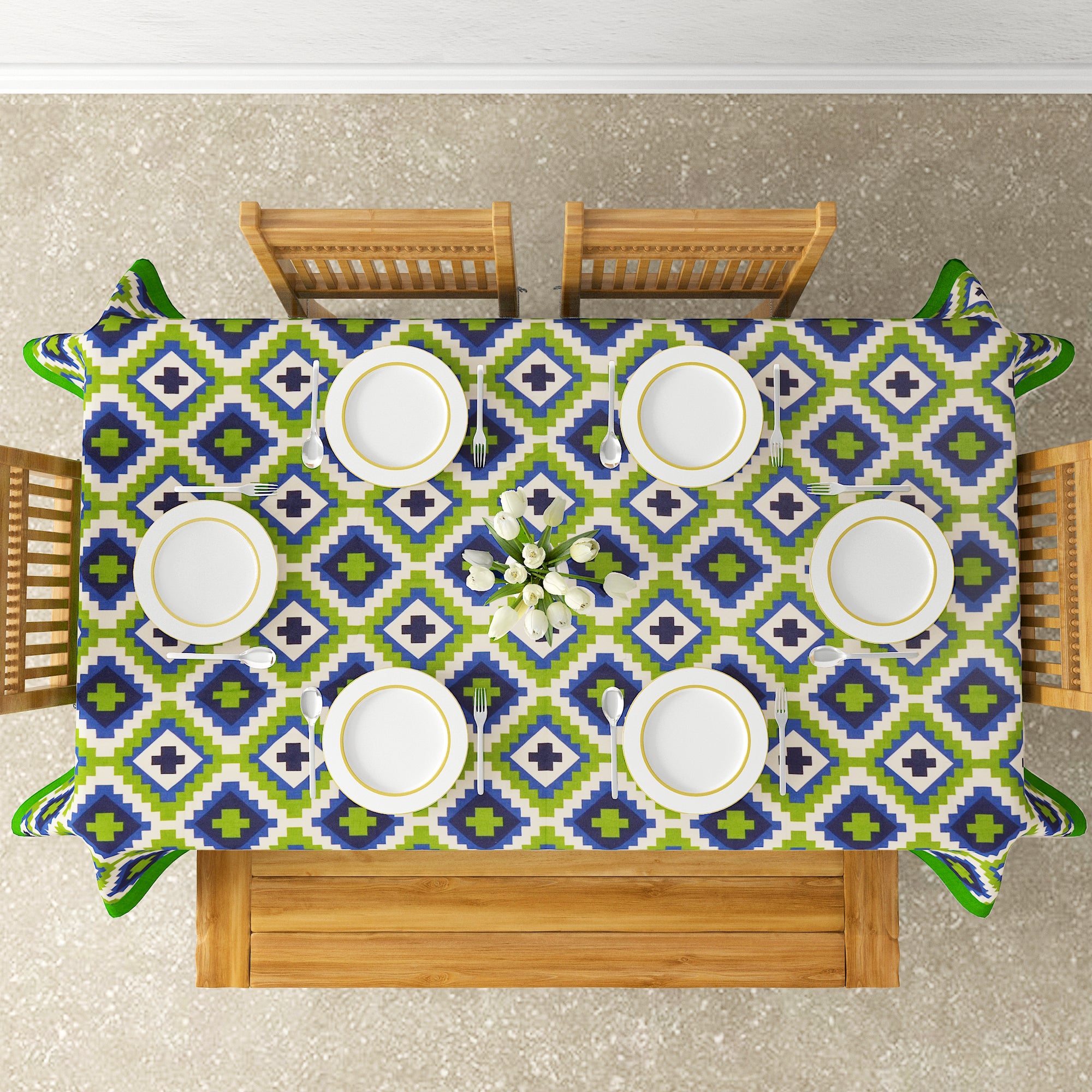 Premium Cotton Geometric Green & Blue Rectangular 8 Seater Table Cover