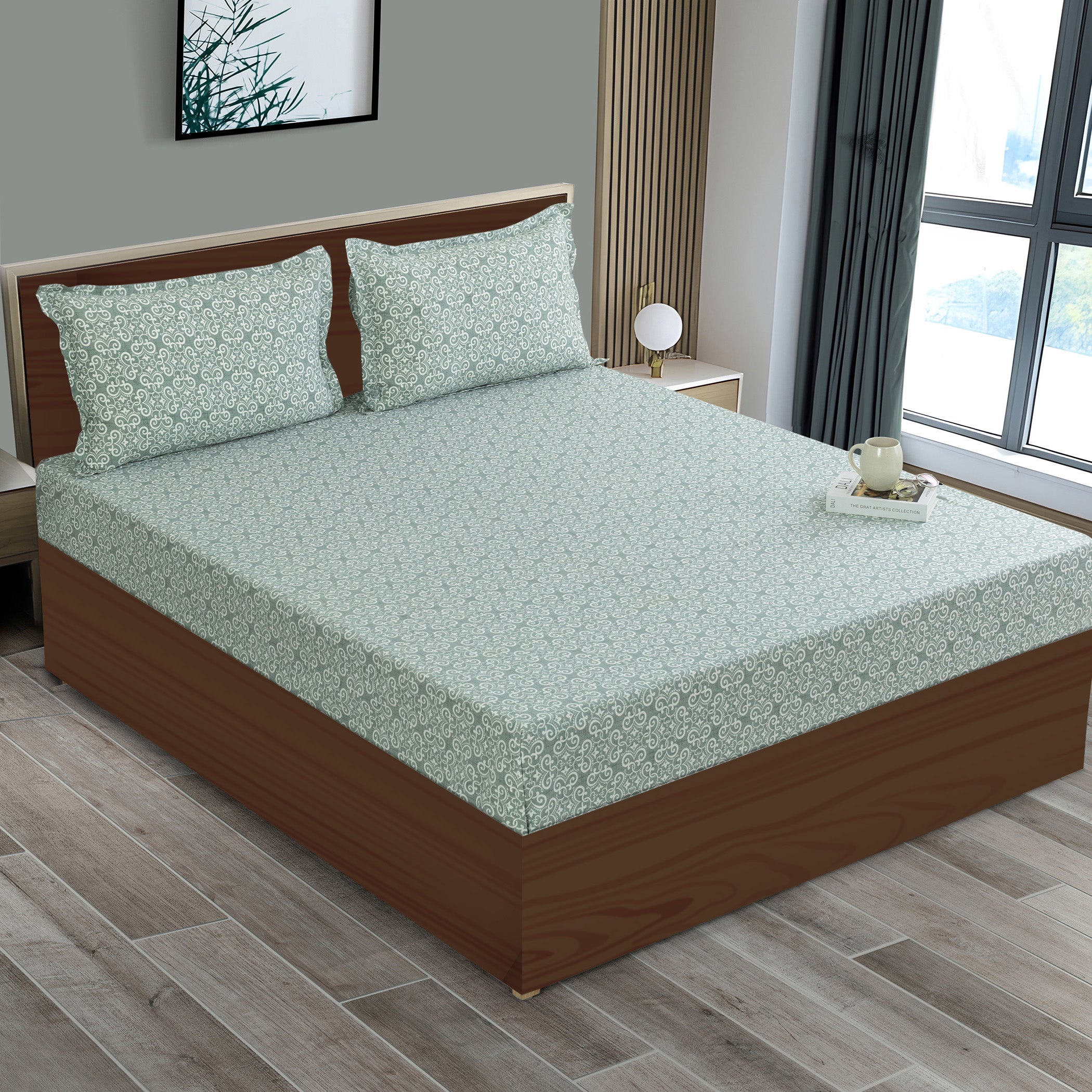 Ornamental Swirl Sage Green 210 TC Pure Cotton King Fitted Bedsheet with 2 Pillow Covers (72 x 78 x 10 Inches)