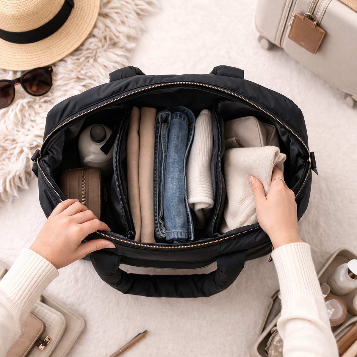 Puffer Overnighter Unisex Black Duffel Bag