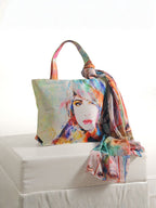 Whimsical Muse - Soft Pastel Shoulder Bag with Artistic Faces & Floral Scarf