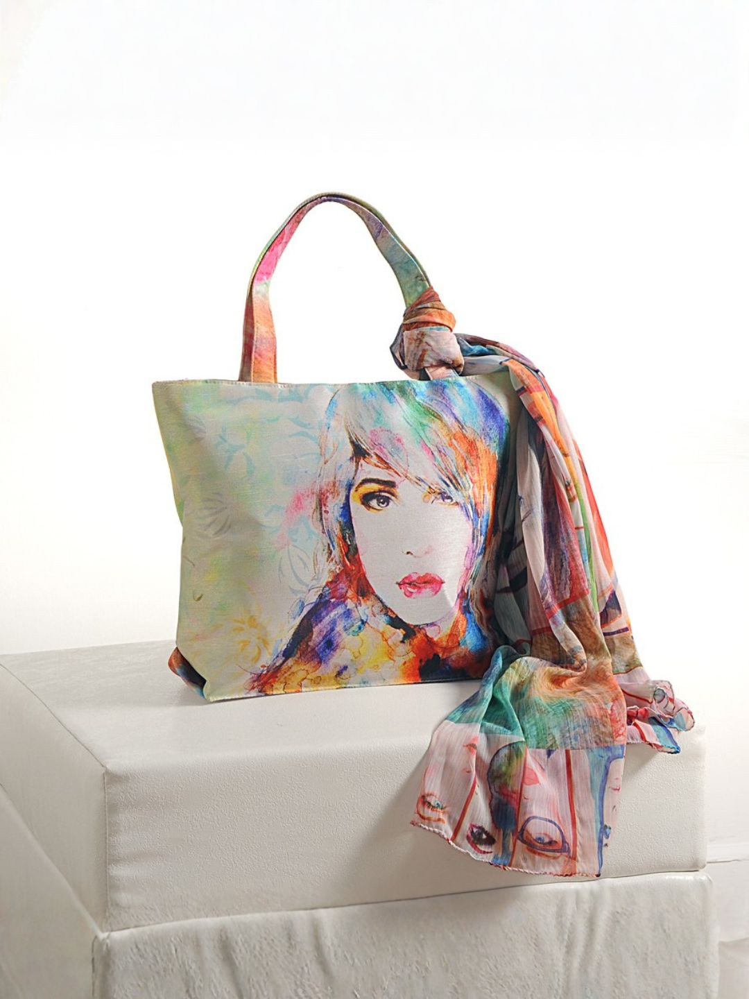 Whimsical Muse - Soft Pastel Shoulder Bag with Artistic Faces & Floral Scarf