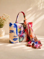 Urban Chic Canvas Tote - Bold Fashion Sketch Bag with Scarf