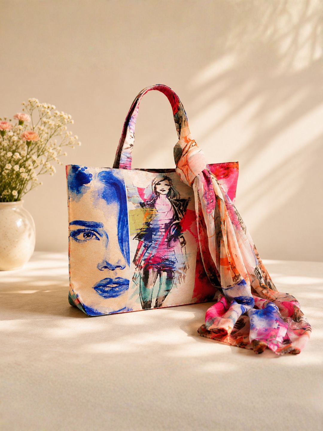 Urban Chic Canvas Tote - Bold Fashion Sketch Bag with Scarf