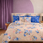 Beige & Blue Floral Print Pure Cotton 210 TC King Fitted Bedsheet with 2 Pillow Covers (72x78x10 Inches)