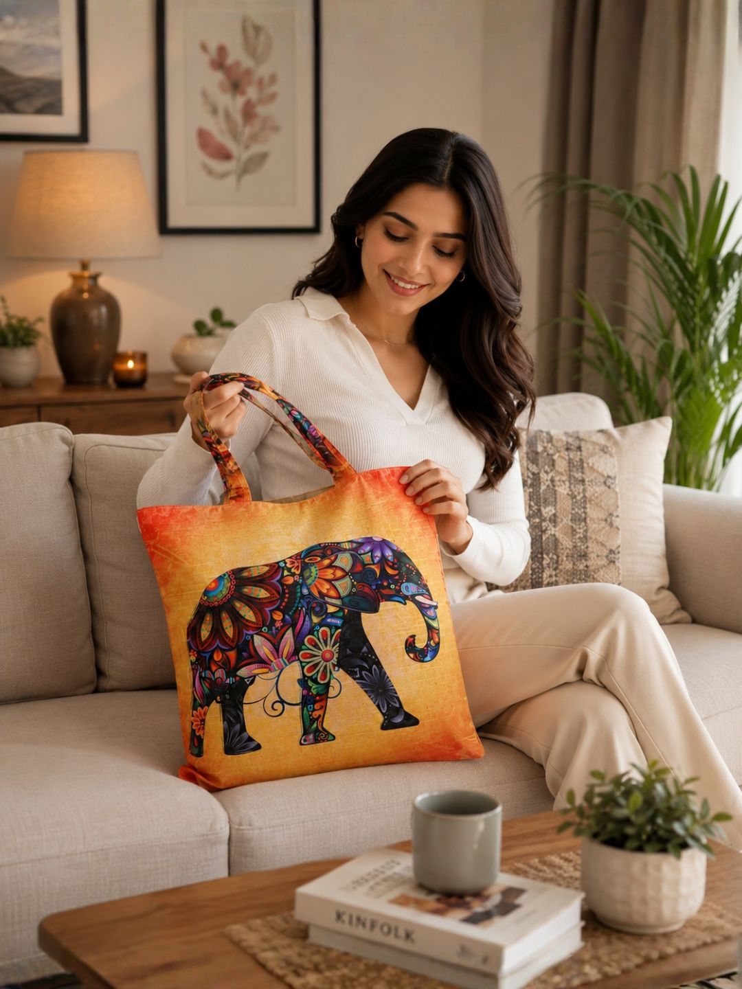 Boho Royal Elephant - Artistic Printed Tote Bag with Inner Pockets & Sturdy Dual Handles
