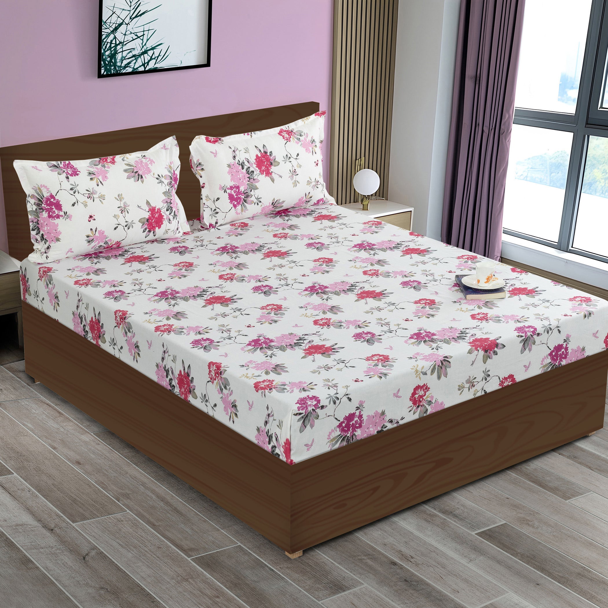 Elegant Pink Floral Pure Cotton 210 TC King Fitted Bedsheet with 2 Pillow Covers (72x78x10 Inches)